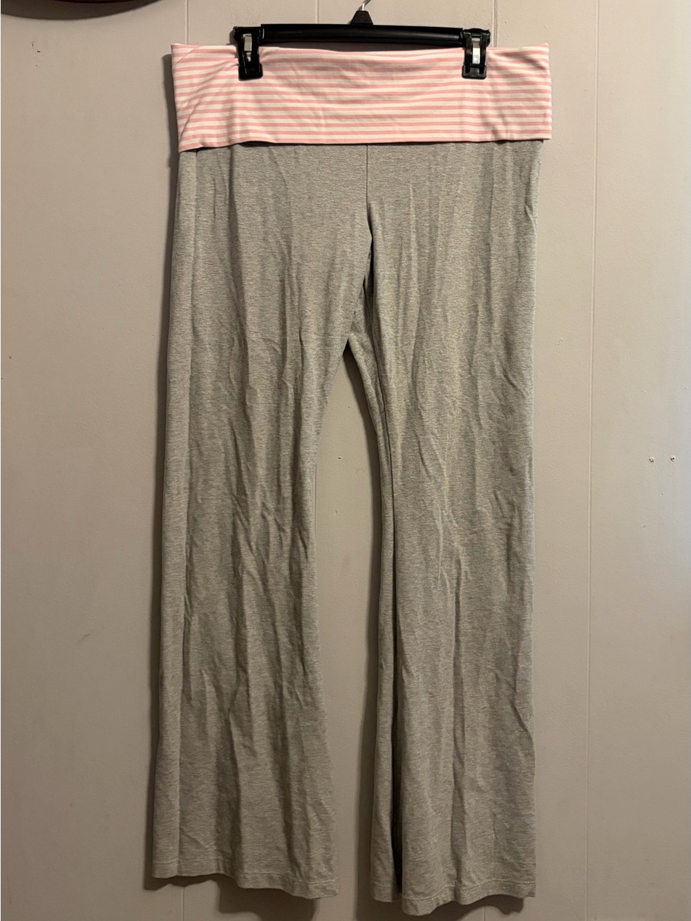 Fold-Over Waistband Lounge Pants - Gray with Pink Stripe